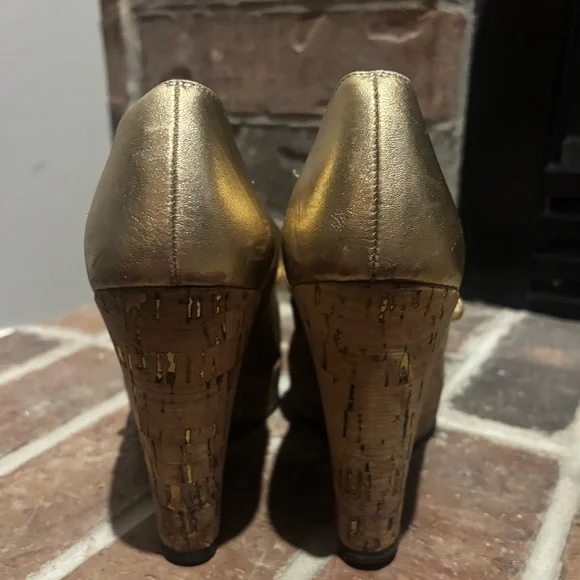 Christian Louboutin Metallic Gold Leather Cork Platform Wedge Mary Jane - Picture 8 of 16